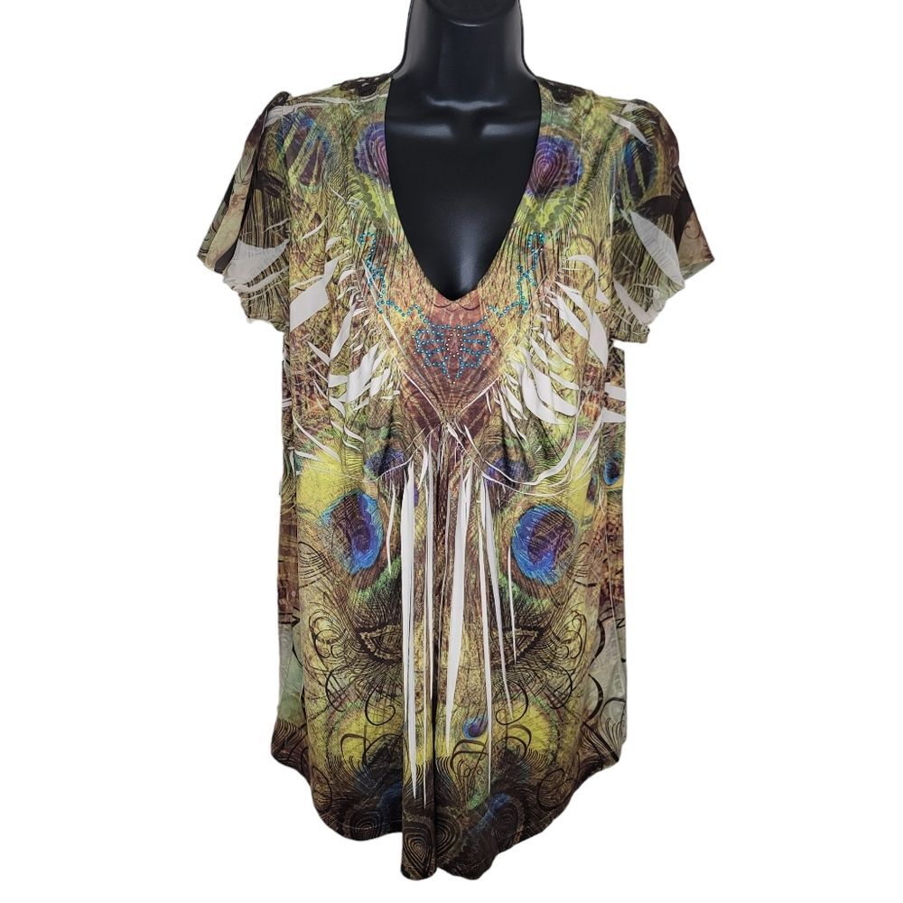 One World Bohemian Sublimation Floral Lace Back Top Size 1x